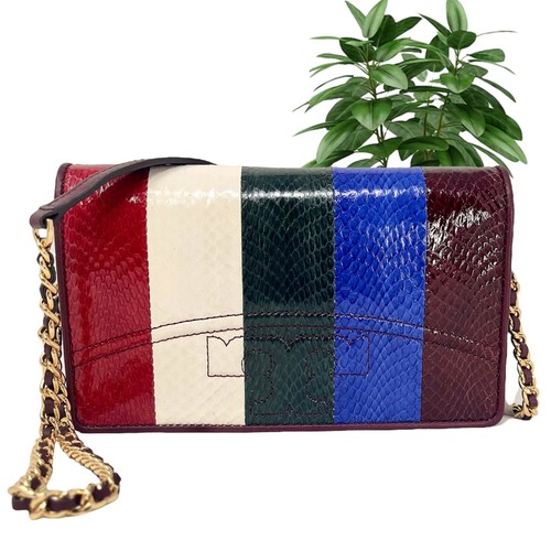 TORY BURCH Savannah Portafoglio piatto con catena a righe; 100% autentico