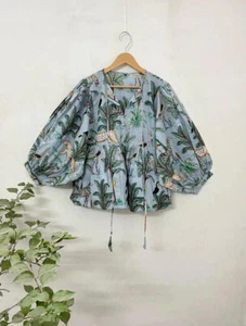 Vintage Hand Block Top Tunic Hand Block Print Women Indian Cotton Kimono Hippie - Picture 1 of 6