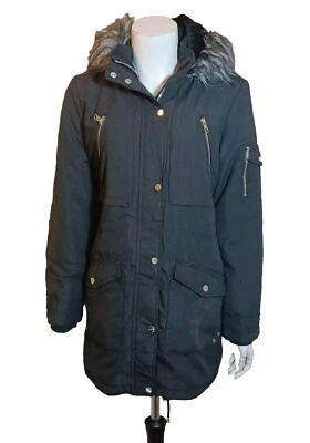 NEW Peacock's Women's Faur Fur Trimmed Hooded Parka Style Coat, Black UK 10 - Image 1 of 4