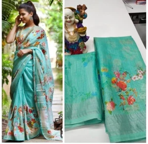 Indian Original Linen digital printed with silver border Saree - Picture 1 of 2