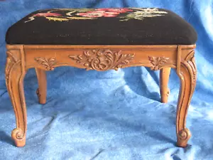 French Provincial Needlepoint Foot Stool Antique Carved Wood Original X NICE - Picture 1 of 19