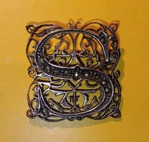 Beautiful! 925 Sterling Vintage Real Marcasite "S" Initial Design Pin Brooch 10G - Picture 1 of 3
