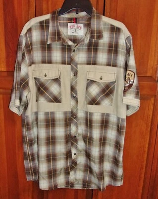 Red Ape Mens SS Beige/Brown Plaid POCKETS /USA PATCH 90's Hip Hop Shirt  3XL ??? - Image 1 of 4