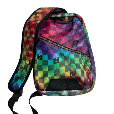 Hitman Crossbody luxury sling bag vegan leather rainbow checkered print - NEW - Image 1 of 4