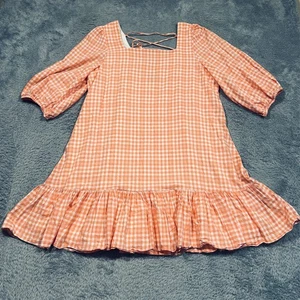 Maison Tara Plaid Shift Dress Women's 16 Orange White 3/4 Sleeve Cottagecore - Picture 1 of 13