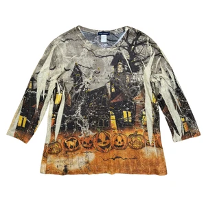 Vintage Y2K Halloween Graphic Top Large Haunted House Pumpkin Metallic Abstract - Picture 1 of 5