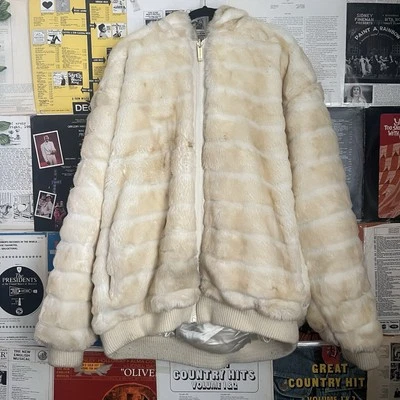 ABlanche Urban Faux Chinchilla Striped Cream Men’s Fur Hooded Bomber Jacket 3XL - Image 1 of 4