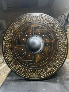 Wooden Handmade Nordic Round Shield Sun wheel Carving & Antique Finish Shield - Picture 1 of 4