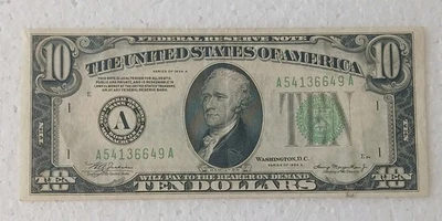 1934 A  Federal Reserve Bank $10 Note LIme Green Seal Ten Dollars VF + - Image 1 of 2