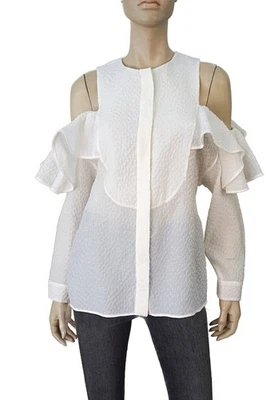 VIKTOR & ROLF sz 10 Cold Shoulder Ruffled White Puckered Silk-Blend Blouse - Image 1 of 4