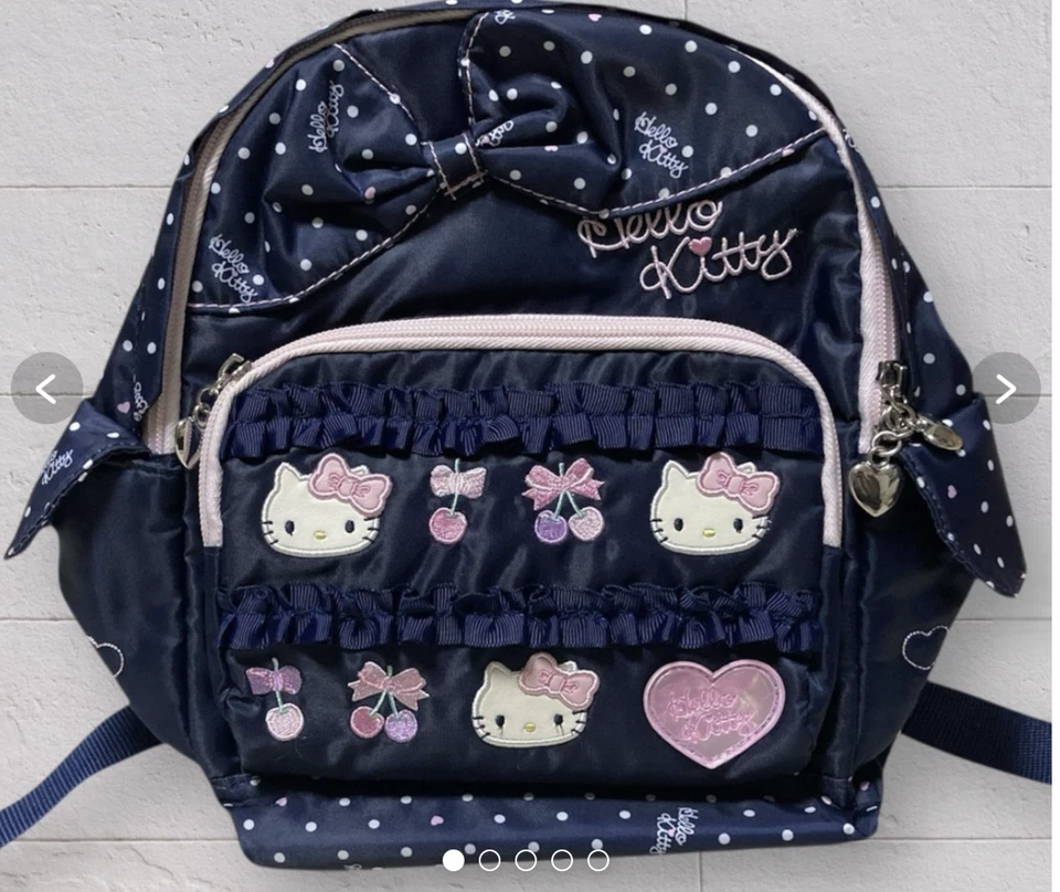 Hello Kitty Backpack Navy Pink Polka Dot Ruffle Bow Sanrio Japan Cute Satchel - Image 1 of 1