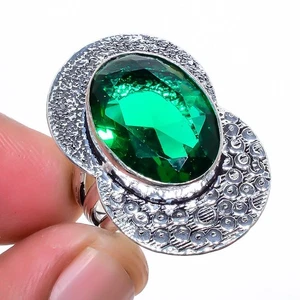 Emerald Quartz (Simulated) Gemstone Silver Plated Jewelry Ring s.7 F29 - Picture 1 of 5