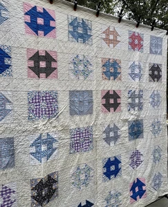 Vintage Patchwork  Quilt - Double Monkey Wrench - Feed Sack - 76 x73 - Picture 1 of 24