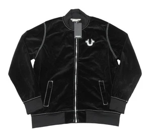 True Religion Men's Black Big T Velvet Mock-Neck Full Zip Bomber Jacket - Picture 1 of 6
