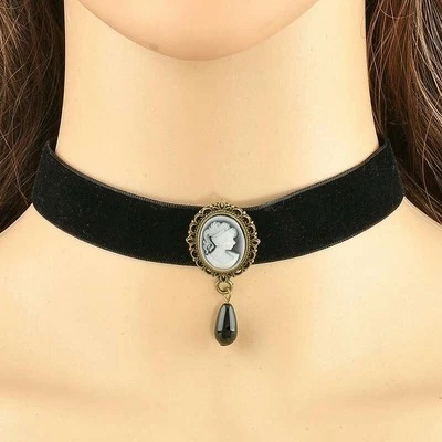 Vintage Gothic Black Velvet Choker 20mm Necklace Lady Cameo Pendant Drop Retro - Image 1 of 2