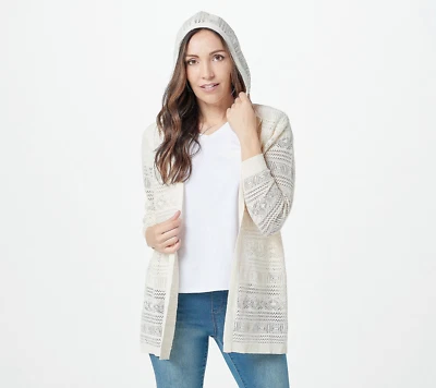 Joan Rivers sz XS Crochet Hooded Cardigan Bracelet Length Sleeves Ivory QVC 5311 - Image 1 of 4