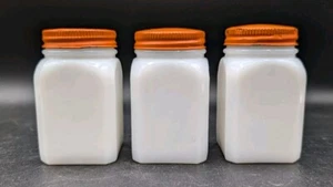 Set Of 3 Vintage Milk Glass Spice Jars, Orange Metal Lids, Made In USA, AS IS - Picture 1 of 8