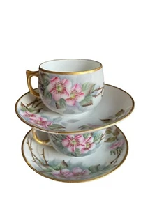 Juego de 2 tazas y platillos de té de colección Alemania pintados a mano rosas rosadas borde dorado - Imagen 1 de 24