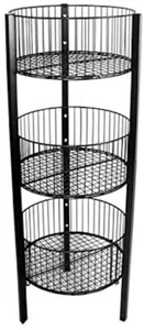 3-Level Wire Basket Display Rack, Floor Standing, Round Bins, Metal Frame Black - Picture 1 of 1