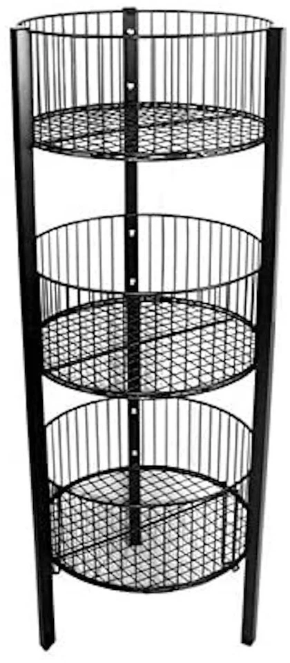 3-Level Wire Basket Display Rack, Floor Standing, Round Bins, Metal Frame Black - Image 1 of 1