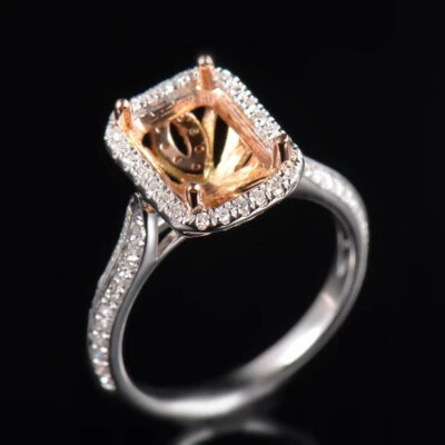 Solid 14K Gold Natural Diamonds Semi Mount Ring Setting Emerald Cut 9×6mm - Image 1 of 4
