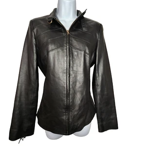 ABANDON Black Italian Leather Jacket Zip Up Sleeve Ties Size Small - Picture 1 of 12