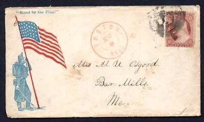 US 1860s UNION PATRIOTIC CIVIL WAR COVER "STAND BY THE FLAG" RED BOSTON CANCEL - Image 1 of 2