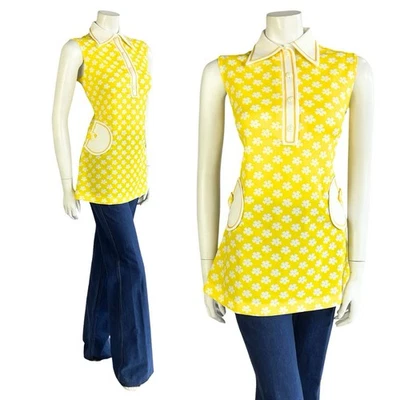 VTG 60S 70S YELLOW WHITE MOD DAISY FLORAL DAGGER COLLAR TANK SHIRT 12 14 M - Image 1 of 4