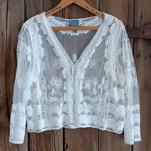 Cárdigan de malla bordada de encaje blanco conejo transparente boho festival encubrimiento grande - Imagen 1 de 14