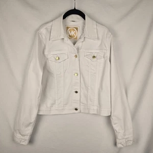 Michael Kors Womens Denim Jacket Large White Cropped Gold Button Logo Classic - Picture 1 of 14