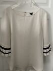 Nwot Ann Taylor Off White Ruffle Navy Striped 3/4 Sleeve Sz S