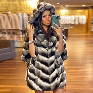 Chinchilla Women Real Rex Rabbit Fur HOOD Coat Luxury Natural Fur Thick Outwear - Picture 1 of 5