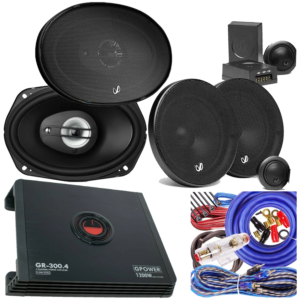 2x Infinity 6" x 9 " 2x 6.5" Component Speaker + Gravity 4 Ch 1200W Amp + Kit - Image 1 of 4