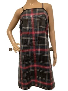 Copper Key Damen Karo Tartan Pailletten Ärmellos Mini Etuikleid Schwarz Rot M - Bild 1 von 14
