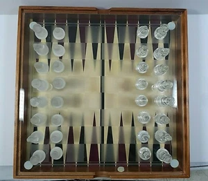 Glass Top Wood Chess Set Board Frosted and Clear Glass Chess Pieces w/ Backgamon - Picture 1 of 7