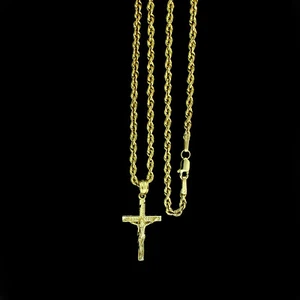 10K Yellow Gold Jesus Cross Charm Pendant Diamond Cut & 2mm Rope Chain - Picture 1 of 19