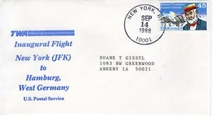 TWA INAUGURAL FLIGHT JFK-HAMBURG, GERMANY, JFK AIRPORT, NY 1988 FDC9765 - Picture 1 of 2