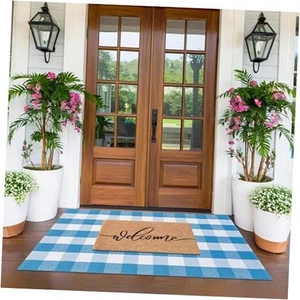 Spring Welcome Door Mats Combo Set, 100% Coco Coir 3'* 5' Blue & White Plaid - Picture 1 of 8