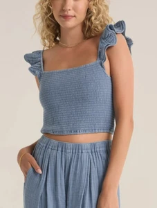 Z Supply Hera Gauze Chambray Crop Top Size M Blue Stretch Ruffle Sleeve NEW - Picture 1 of 8