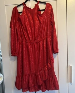 Michael Kors Dress XL Red Cold Shoulder Long Sleeves Metallic Ruffles - Picture 1 of 13