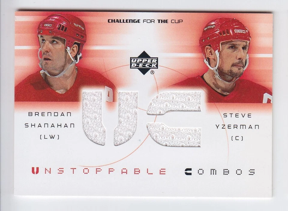 2001-02 UD CHALLENGE CUP SHANAHAN YZERMAN JERSEY DUAL GAME USED UNSTOPPABLE Wing - Image 1 of 1