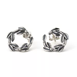 Olive Wreath Stud Earrings in Sterling Silver, Greek Olive Leaf Earrings - Picture 1 of 4