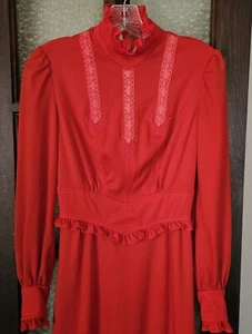 Vtg 70s Mikey of CA Red Victorian Style Maxi Dress Lace Embroidery Ruffles Pearl - Picture 1 of 16
