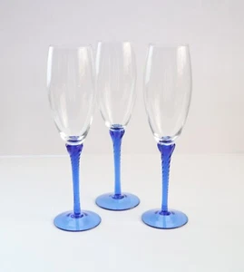 x3 Champagne Flute Glasses, Cobalt Blue Swirl/Twist Stems, Excellent Condition - Picture 1 of 9