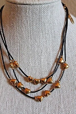 PILGRIM DANISH DESIGN TRIPLE LEATHER STRANDS HEART CHARMS PEARL NECKLACE - Image 1 of 4