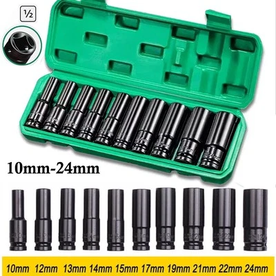 10pcs Metric Deep Impact Socket 1/2" Drive 10mm-24mm 6 Point Sockets kit w/ case - Image 1 of 4