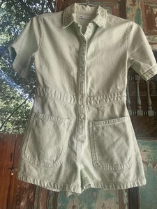 Zara Girl's Light Green Denim Romper 11/12 pockets covered snaps elastic waist - Picture 1 of 13