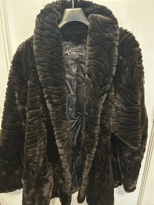 Kent Street Vintage Faux Fur Full Length Coat Black Brown Large Wrap Collar Hood - Image 1 of 4