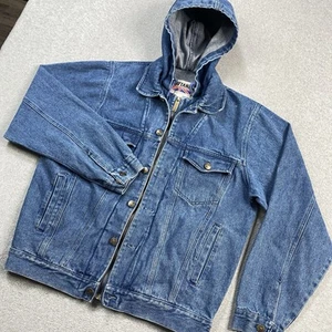 VINTAGE Brittania Jacke Herren Medium Kapuze Denim Trucker Mantel Reißverschluss Knopf 90er - Bild 1 von 22