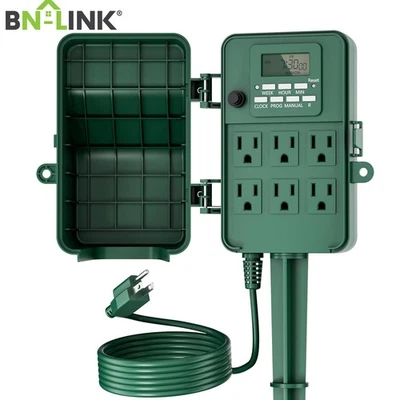 BN-LINK 7 Day Heavy Duty Outdoor Digital Stake Timer, 6 Outlets, Weatherproof